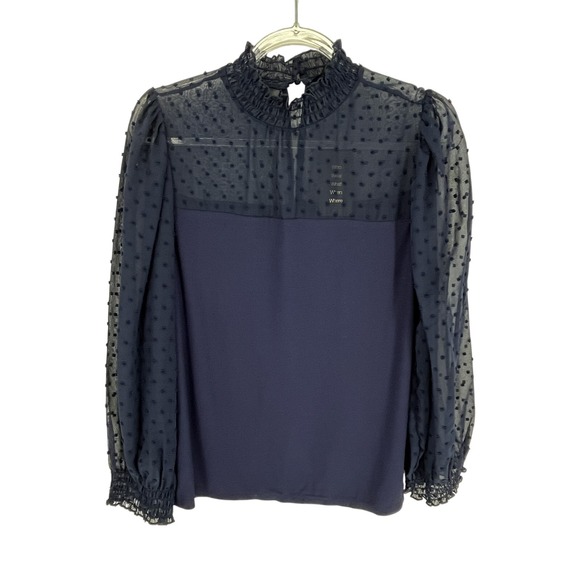 & Other Stories Tops - W-5 Navy Blue Sheer Swiss Dot Mock Neck Long Sleeve Blouse M Office Teacher